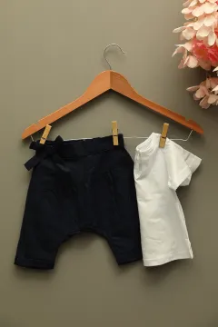 Kız Bebek Bisiklet Yaka Baskılı T-shirt Pantolon İkili Takım Beyaz
