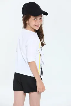 Kız Çocuk Likralı Bisiklet Yaka Baskılı T-shirt Şort İkili Takım Beyaz