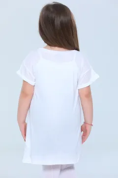 Kız Çocuk Likralı Bisiklet Yaka Baskılı T-shirt Beyaz