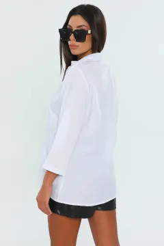 Kadın Slim Fit Kısa Basic Gömlek Beyaz