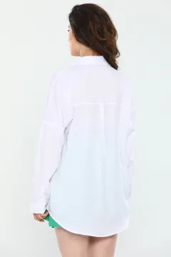 Kadın Oversize Uzun Kollu Renk Bloklu Gömlek Beyazorange