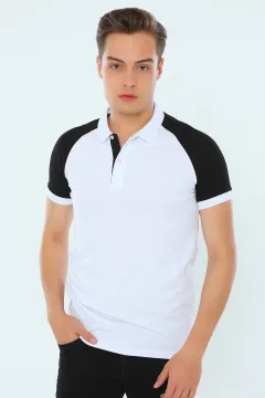 Polo Yaka Slim Fit Erkek T-shirt Beyazsiyah