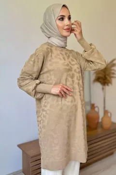 Bisiklet Yaka Desenli Tesettür Triko Tunik Vizon