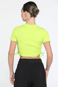Bisiklet Yaka Yan Büzgülü Kadın Fitilli Crop Tops Bluz Neon Yeşil