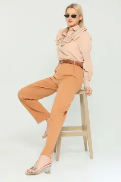 Kadın Ekstra Yüksek Bel Cepli Kumaş Pantolon Bisküvi