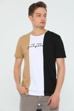 Erkek Oversize Likralı Renk Bloklu T-shirt Bisküvi