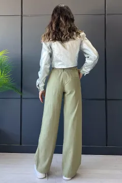 Bol Kesim Palazzo Yüksek Bel Kadın Keten Pantolon Açıkhaki