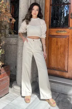 Bol Kesim Palazzo Yüksek Bel Kadın Keten Pantolon Taş