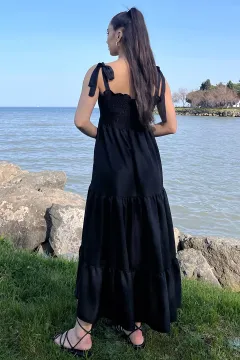 Boncuklu Askı Detaylı Uzun Kadın Elbise Siyah