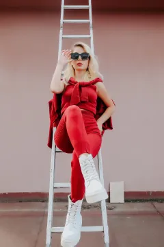 Kadın Likralı Pantolon Hırka Bluz Kombinli Üçlü Triko Takım Bordo