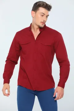 Erkek Likralı Cepli Uzun Kollu Gömlek Bordo