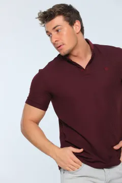 Erkek Likralı Polo Yaka Kendinden Desenli T-shirt Bordo