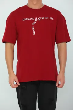 Erkek Oversize Likralı Bisiklet Yaka Baskılı T-shirt Bordo