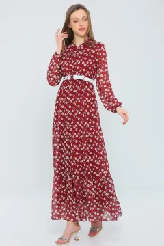 Kadın Hakim Yaka Çiçek Desenli Uzun Şifon Elbise Bordo