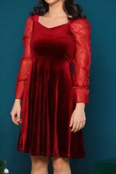 V Yaka Prenses Kol Kadife Kadın Elbise Bordo