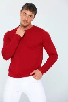 Erkek Likralı V Yaka Uzun Kollu Basic Body Sweatshirt Bordo
