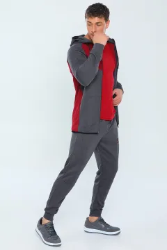 Kapüşonlu Fermuarlı Renk Bloklu Erkek Eşofman Takımı Bordofüme