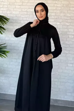 Boydan Düğmeli Cepli Tesettür Elbise Siyah