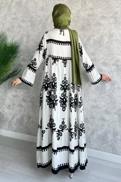 Boydan Düğmeli Desenli Rahat Elbise Krem