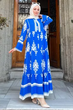 Boydan Düğmeli Desenli Rahat Elbise Saksmavisi