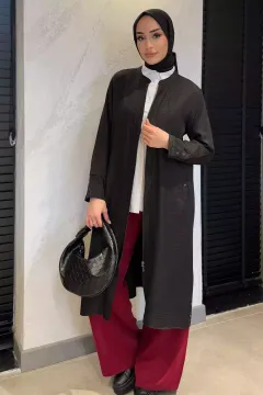 Büyük Beden Ön Fermuarlı Keten Tesettür Kap Siyah