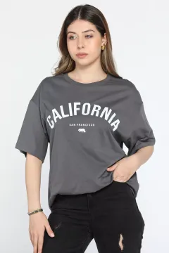 California Baskılı Kadın Tişört Antrasit