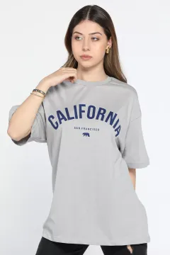 California Baskılı Kadın Tişört Gri