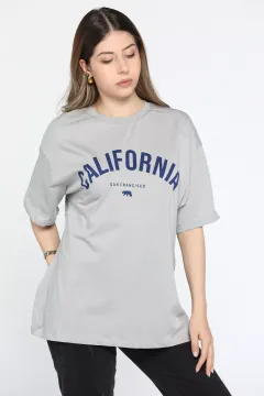 California Baskılı Kadın Tişört Gri