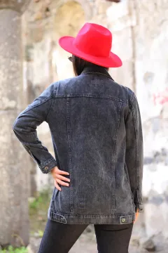 Cepli Lazer Yırtıklı Kadın Jean Ceket Antrasit