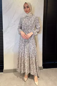 Çiçek Desenli Bel Bağlamalı Tesettür Viskon Elbise Gri