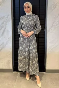 Çiçek Desenli Bel Bağlamalı Tesettür Viskon Elbise Taş