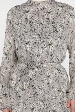 Çiçek Desenli Bel Bağlamalı Tesettür Viskon Elbise Taş
