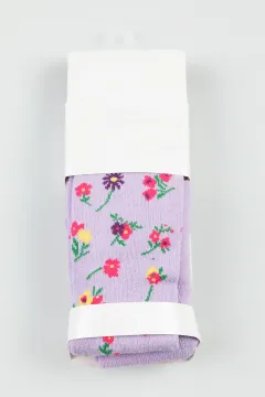 Çiçek Desenli Likralı Kız Çocuk Külotlu Çorap Lila