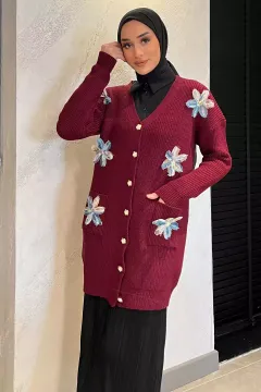 Çiçekli Tesettür Triko Hırka Bordo