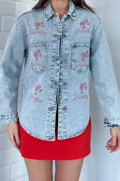 Çift Cepli Barbie Taş İşlemeli Kadın Jean Kot Ceket Açıkmavi