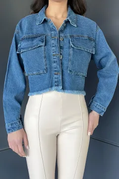 Çift Cepli Bitiş Püskül Detaylı Kadın Crop Top Jean Kot Ceket Lacivert