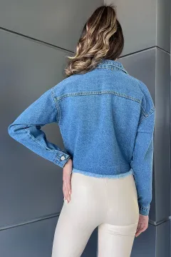 Çift Cepli Bitiş Püskül Detaylı Kadın Crop Top Jean Kot Ceket Lacivert