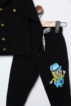 Çift Cepli Erkek Çocuk Minion Baskılı Jean Kot Ceket Pantolon İkili Takım Siyah