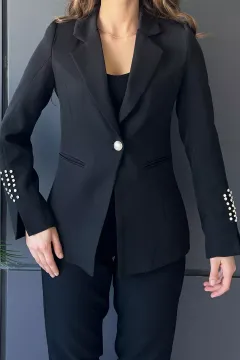 Çift Cepli Kol Ucu Taş Detaylı Kadın Astarlı Blazer Ceket Siyah