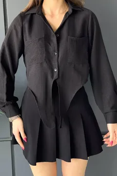 Çift Cepli Ön Bağlamalı Pileli Kadın Crop Top Gömlek Siyah