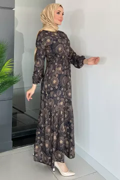 Desenli Bel Bağcıklı Viskon Tesettür Elbise Lacivert