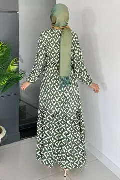 Desenli Bel Bağcıklı Viskon Tesettür Elbise Haki