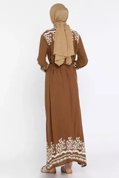 Desenli Bel Bağlamalı Tesettür Viskon Elbise Camel