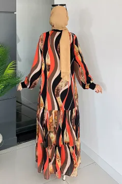 Desenli Bileği Lastikli Eteği Pileli Astarlı Tesettür Şifon Elbise Siyahorange