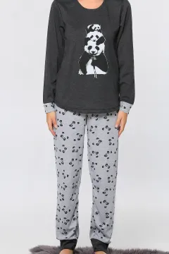 Panda Baskılı Desenli Kadın Pijama Takımı K.antrasit
