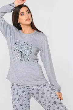 Desenli Kadın Pijama Takımı Gri