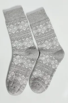 Desenli Kışlık Uzun Termal Havlu Çorap Kadın Gri