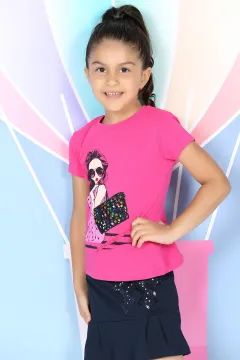 Desenli Kız Çocuk T-shirt Fuşya