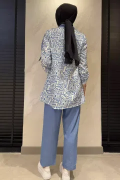 Desenli Kol Kemer Detaylı Kimono Bluz Pantolon Tesettür Üçlü Takım İndigo