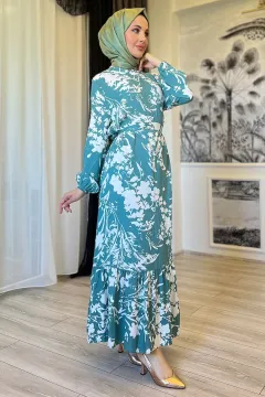 Desenli Kuşaklı Viskon Tesettür Elbise Mint